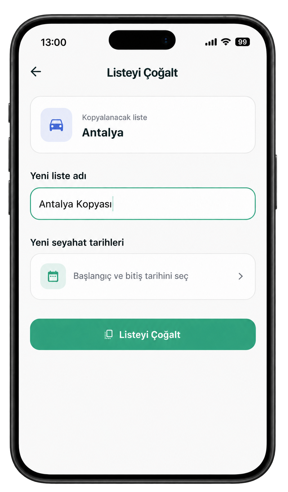 Listeyi çoğaltma ekranı