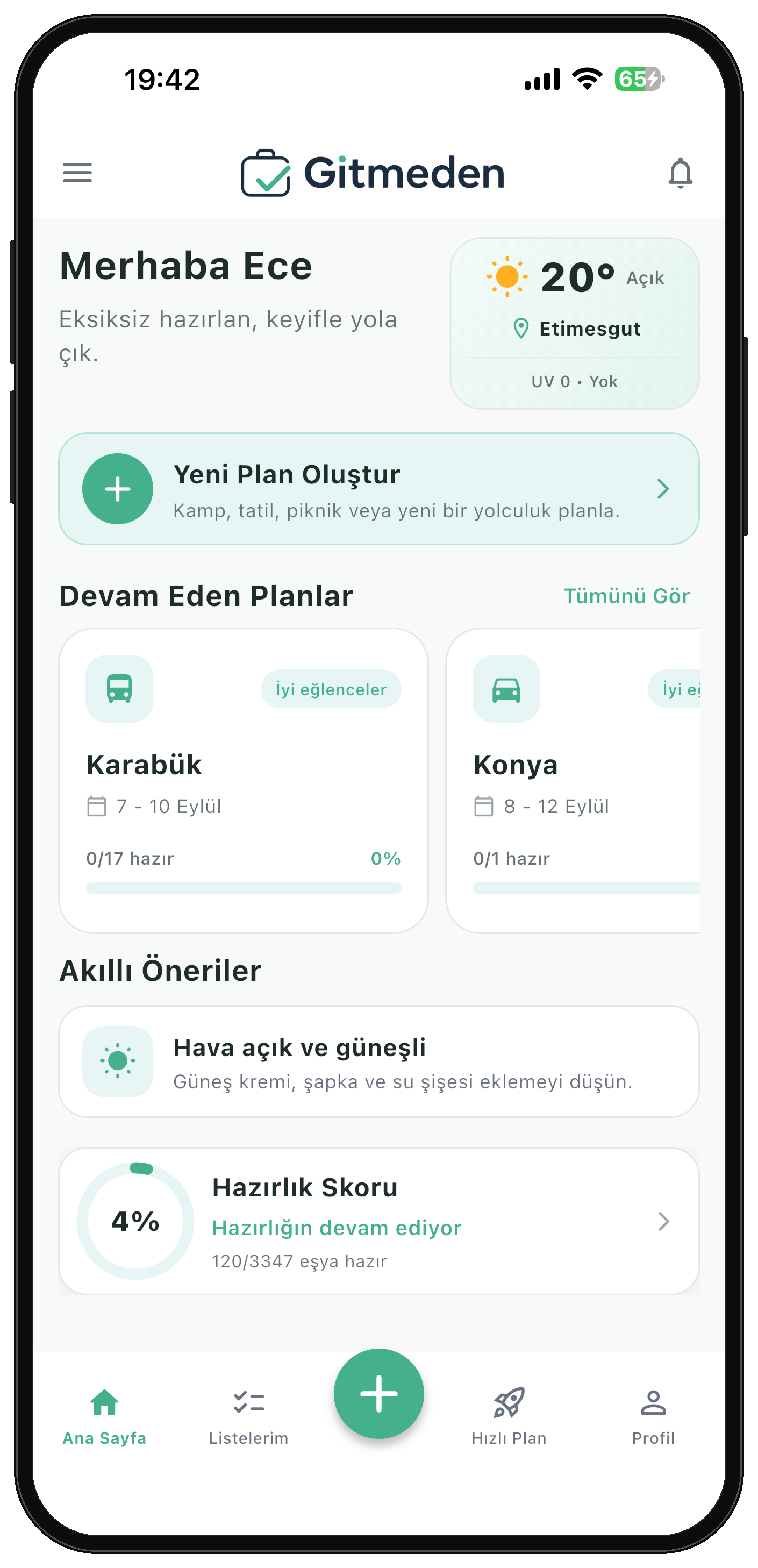 Gitmeden uygulaması ana sayfa ekranı