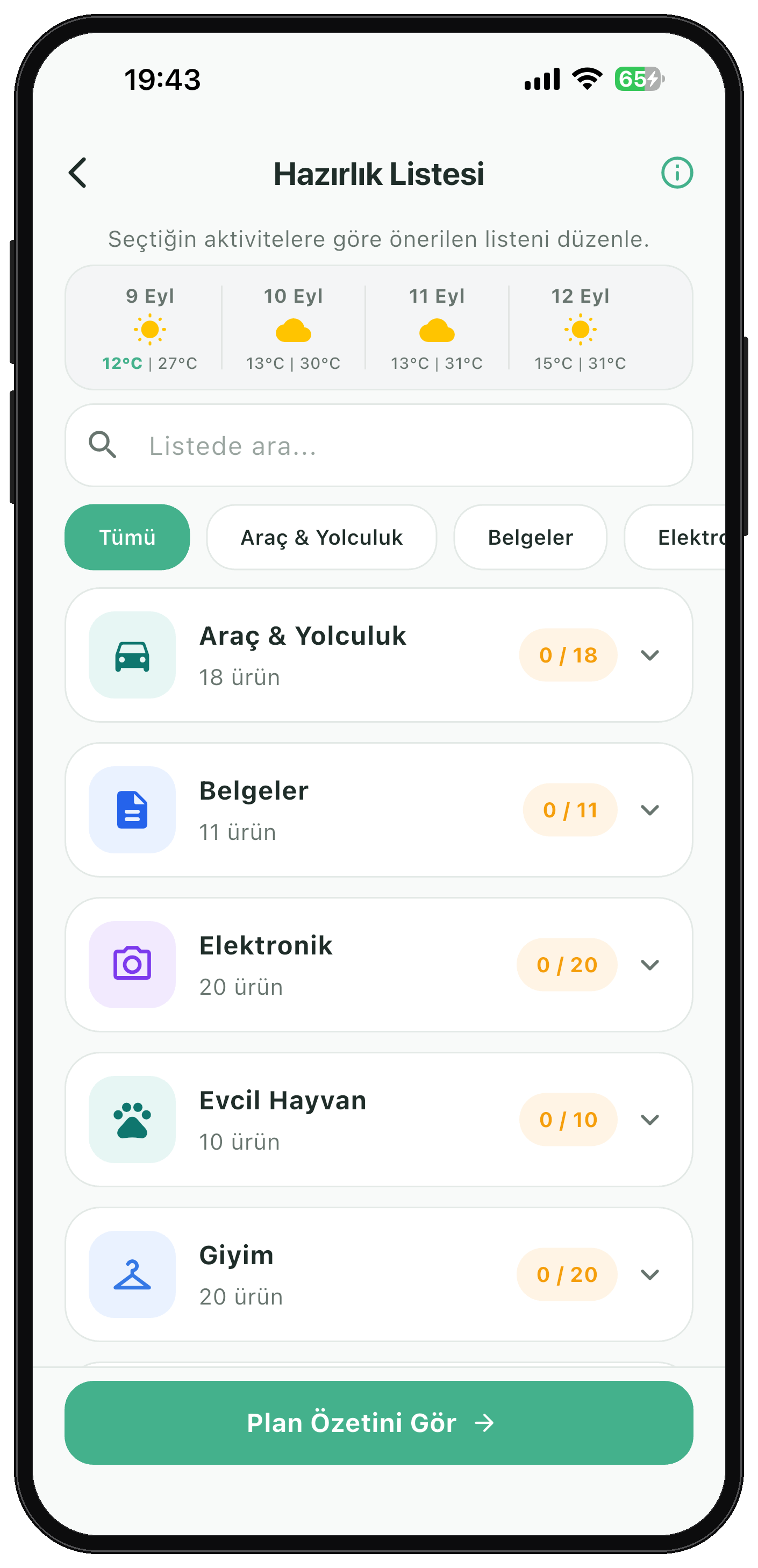 Hazırlık listesi ekranı