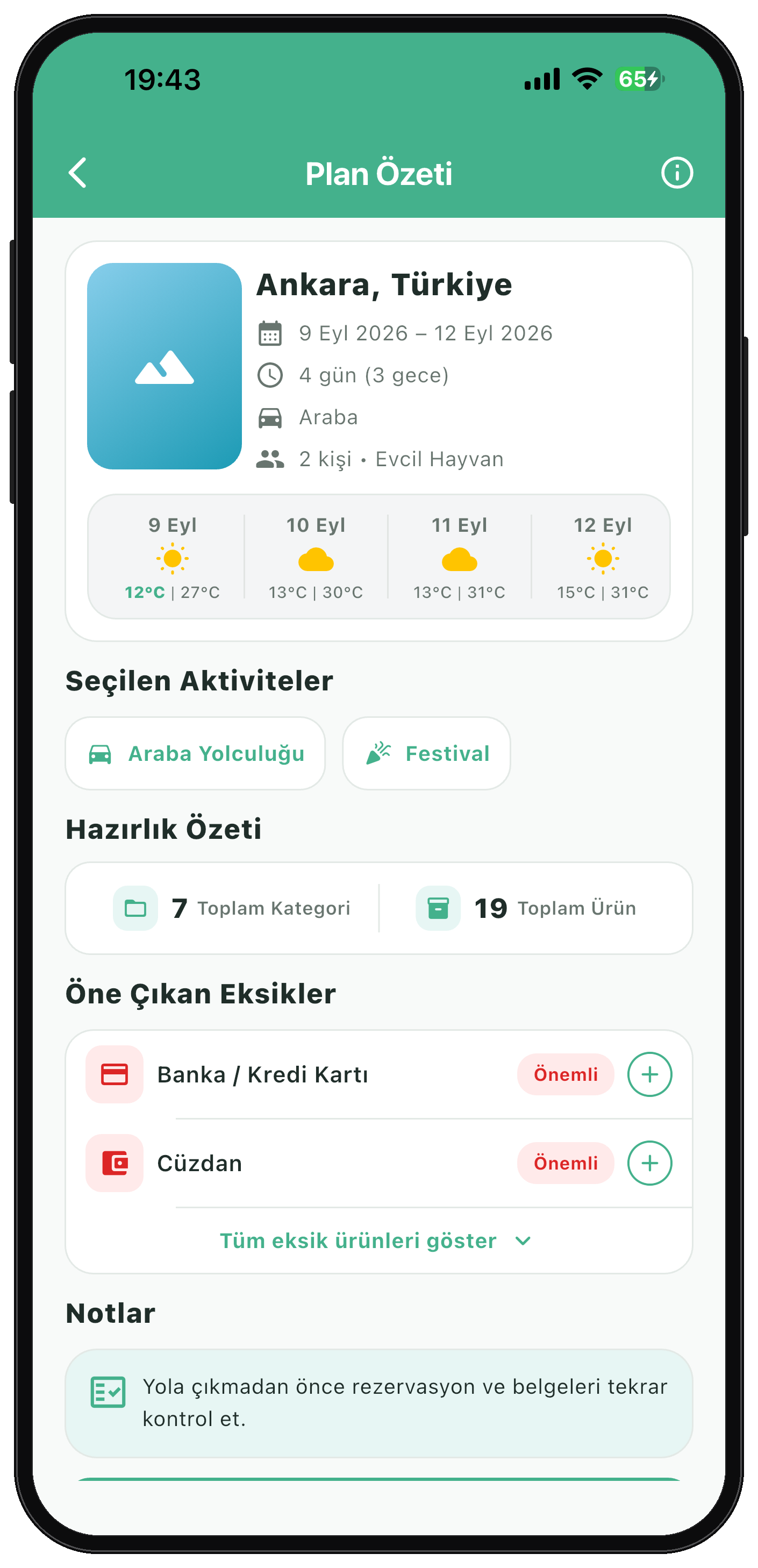 Plan özeti ekranı